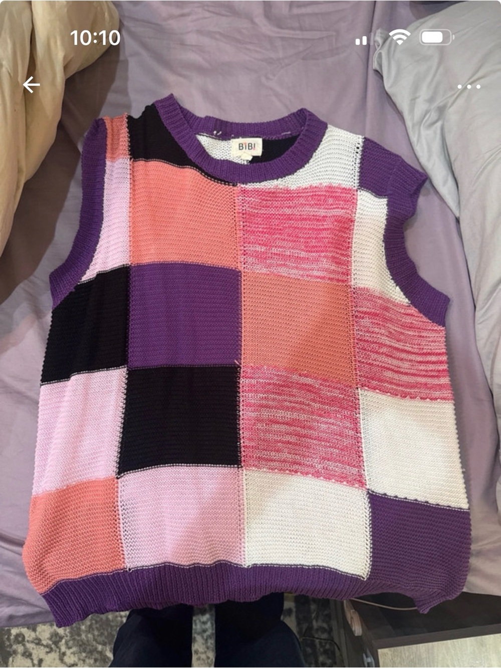 BiBi Purple Pink Patchwork Knit V-Neck Sweater Vest